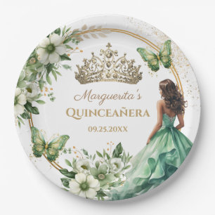 Quinceañera Green Floral Butterfly Gold Tiara Pappteller