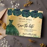 Quinceanera green gold dress florals save the date ankündigungspostkarte<br><div class="desc">A girly and trendy Save the Date card for a Quinceañera,  15th birthday party. A faux gold looking background decorated green roses,  sparkles and a green dress. Personalize and add a date and name/age. The text: Save the Date is written with a large trendy hand lettered style script.</div>