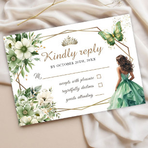 Quinceañera Green Gold Tiara Floral Butterfly UAwg RSVP Karte