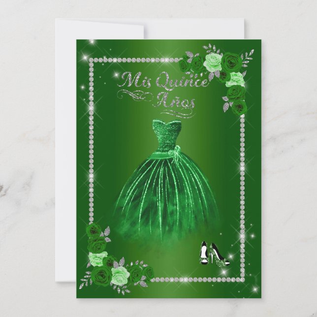 Quinceanera Green und Silver Floral Elegant Einladung (Vorderseite)