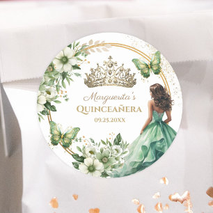 Quinceañera Grüne Florale Schmetterling Gold Tiara Runder Aufkleber