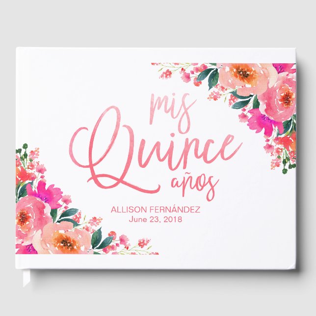 Quinceanera Guest Book Hot Pink Floral Gästebuch (Vorderseite)