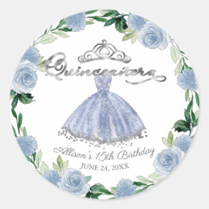 Quinceanera Hellblauer Silberner Kleid Blumen Runder Aufkleber