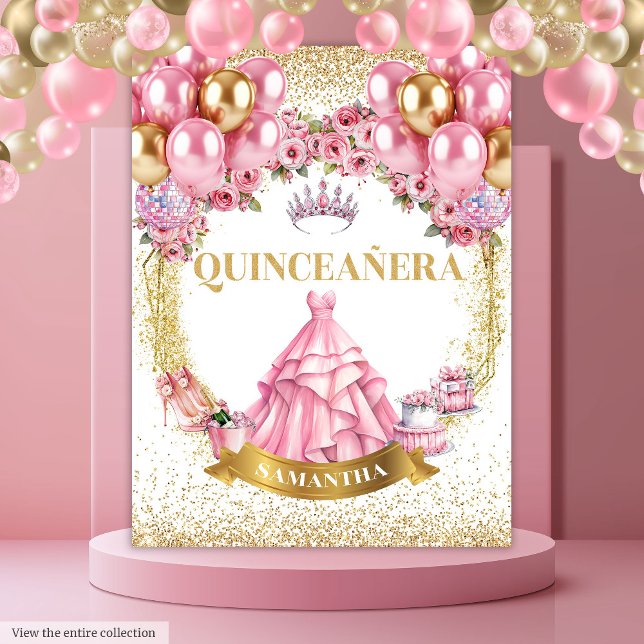 Quinceañera Hintergrund Rosa Gold Glitzer Prinzess Wandteppich (Quinceañera Backdrop Pink Gold Glitter Princess

)