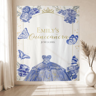 Quinceanera Hintergrund Royal Blue Dress Floral Wandteppich