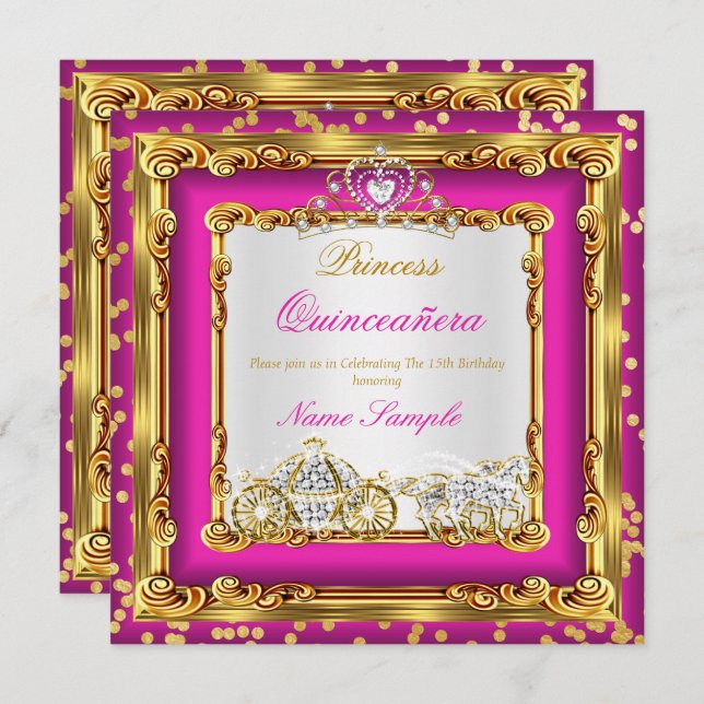 Quinceanera Hot Pink Gold Diamant Pferdetransport Einladung (Vorne/Hinten)