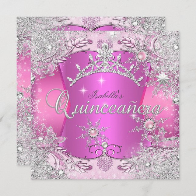 Quinceanera Hot Pink Winter Wonderland Schneeflock Einladung (Vorne/Hinten)