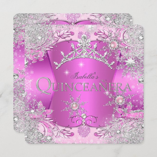 Quinceanera Hot Pink Winter Wonderland Tiara Einladung (Vorne/Hinten)