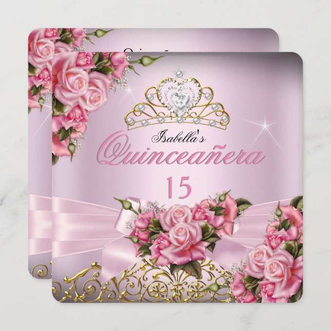 Quinceanera Hübsch Pink Roses Tiara 15. Geburtstag Einladung (Vorne/Hinten)