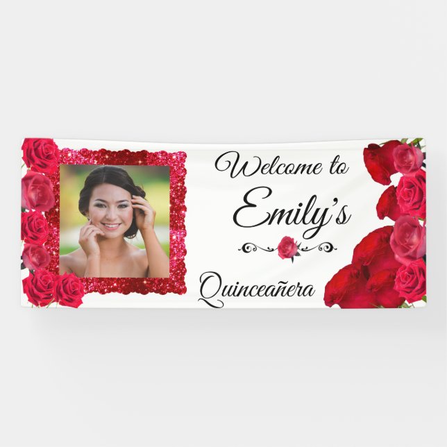Quinceanera Hübsche Rote Rosen und Roter Glitzer R Banner (Horizontal)