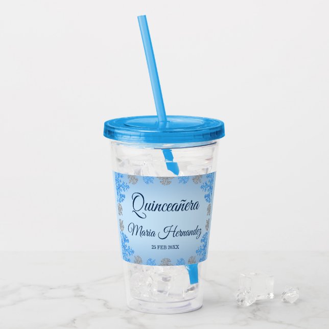 Quinceañera Ice Blue Silver Winter Schneeflocke Acryltrinkbecher (Vorderseite Ice)