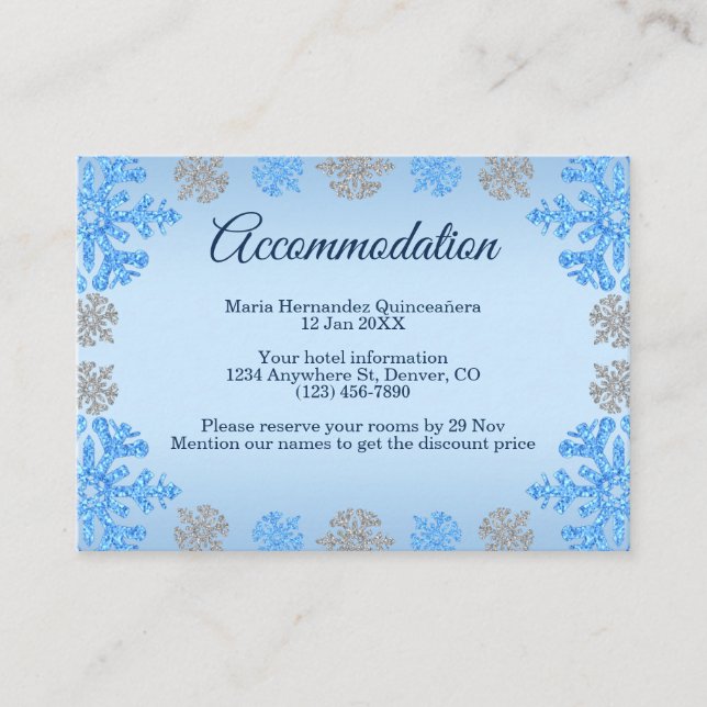 Quinceañera Ice Blue Silver Winter Schneeflocke Begleitkarte (Vorderseite)