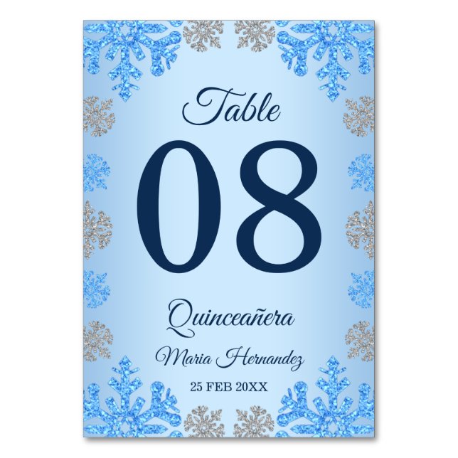 Quinceañera Ice Blue Silver Winter Schneeflocke Tischnummer (Vorderseite)