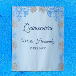 Quinceañera Ice Blue Silver Winter Schneeflocke Wandteppich