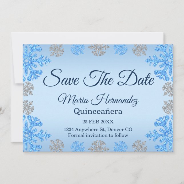 Quinceañera Ice Blue Silver Winter Snowflake Save The Date (Vorderseite)