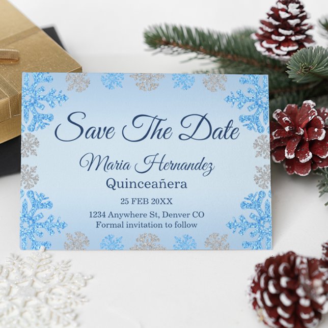 Quinceañera Ice Blue Silver Winter Snowflake Save The Date (Von Creator hochgeladen)