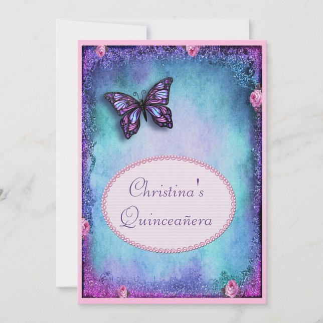 Quinceañera Imitate Glitzer, Schmetterling, Rose & Einladung (Vorderseite)