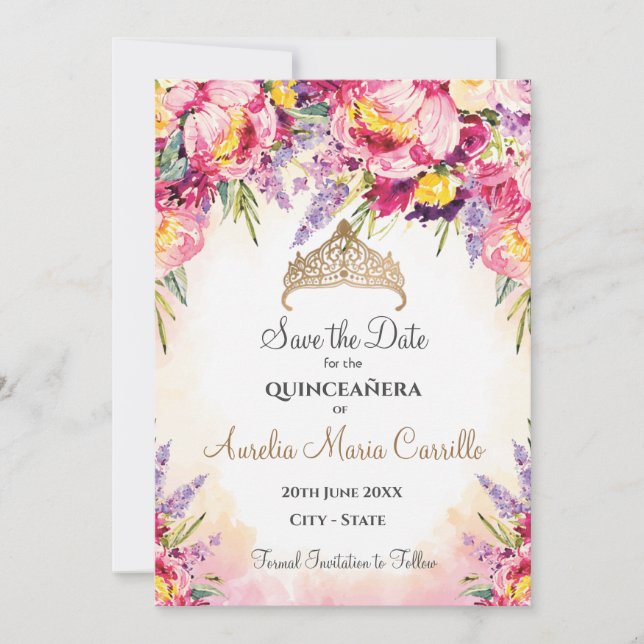 Quinceañera in Aquarellfarben-Blume Save The Date (Vorderseite)