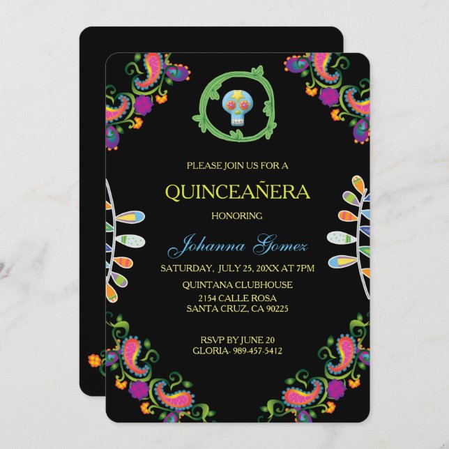 QUINCEAÑERA INVITATION DIA DE LOS MUERTOS EINLADUNG (Vorne/Hinten)