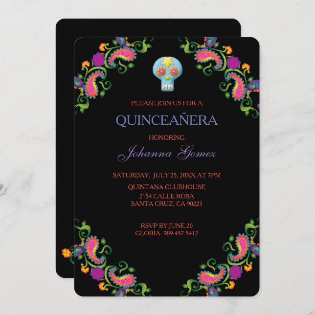 QUINCEAÑERA INVITATION DIA DE LOS MUERTOS EINLADUNG (Vorne/Hinten)