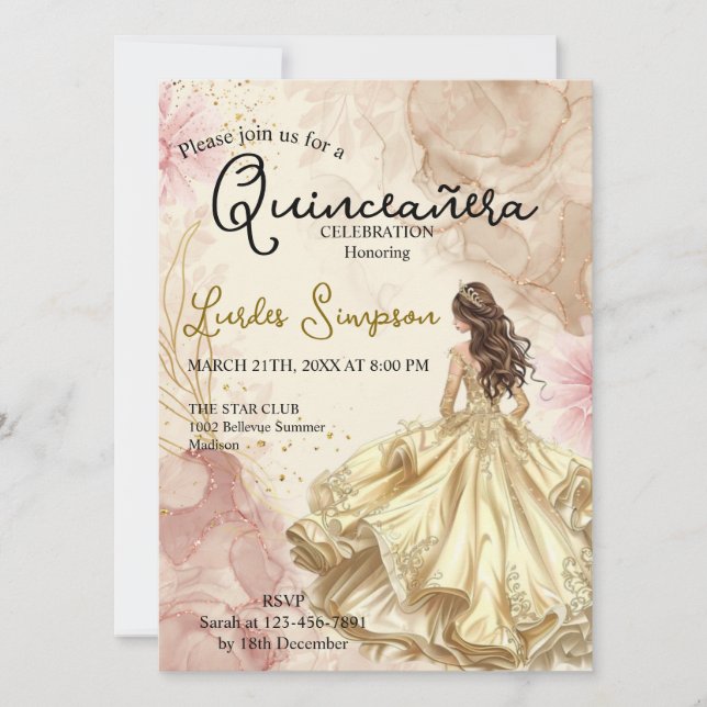  Quinceañera invitation Elegant Gold Rose Einladung (Vorderseite)