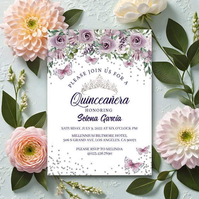 Quinceañera Invitation – Purple Floral & Butterfly Einladung (Von Creator hochgeladen)