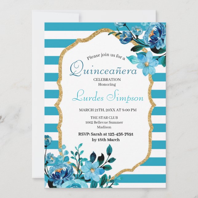  Quinceañera invitation Stripe Floral Blue Einladung (Vorderseite)