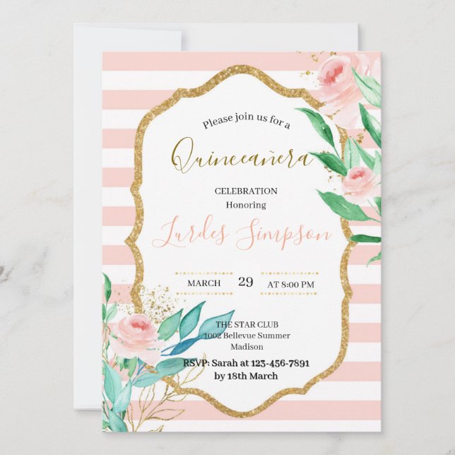  Quinceañera invitation Stripe Floral Pink Einladung (Vorderseite)