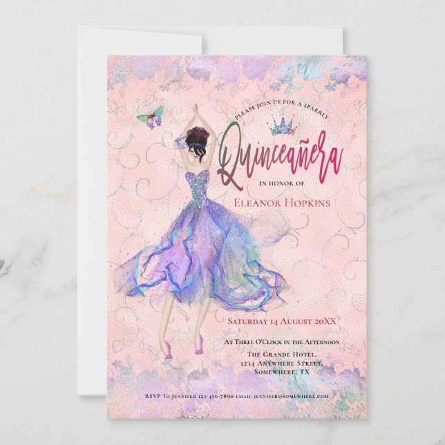Quinceanera Iridescent Blush Pink Dancing Girl Einladung (Vorderseite)