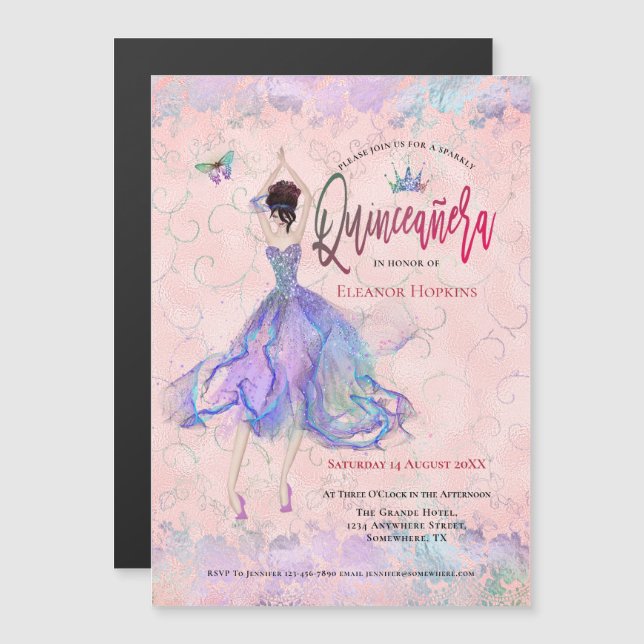 Quinceanera Iridescent Blush Pink Glam Tanz Magneteinladung (Vorne/Hinten)