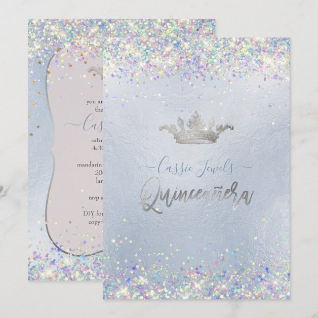 Quinceanera Iridescent Confetti+Princess Crown Einladung (Vorne/Hinten)