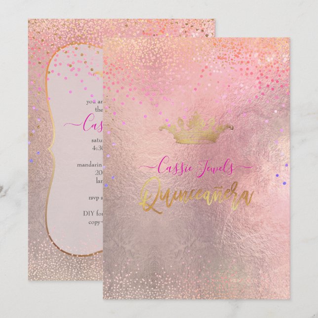 Quinceanera Iridescent Confetti+Princess Crown Einladung (Vorne/Hinten)
