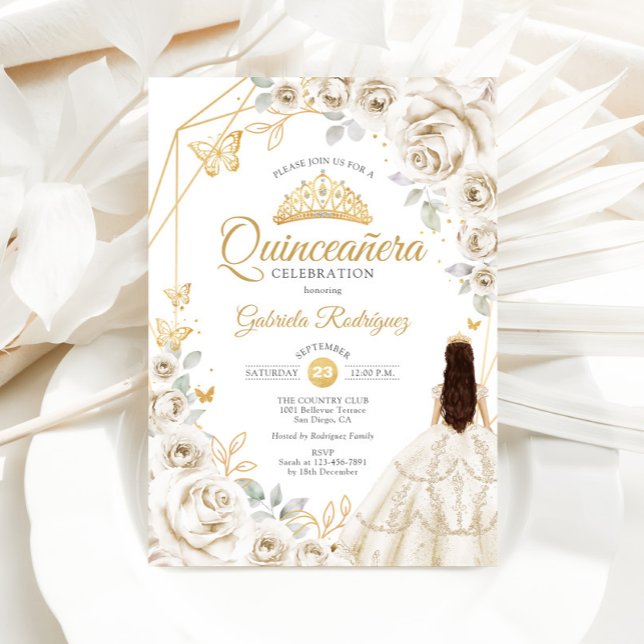Quinceanera Ivory Gold Creme Gold Blumenkleid Einladung (Von Creator hochgeladen)