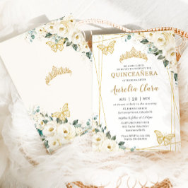 Quinceañera Ivory White Floral Butterflies Krone Einladung