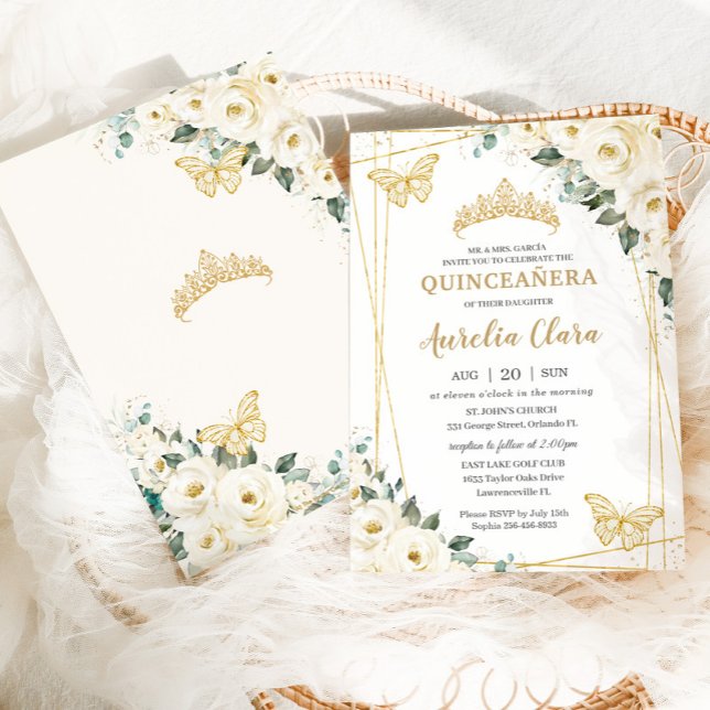 Quinceañera Ivory White Floral Butterflies Krone Einladung (Von Creator hochgeladen)
