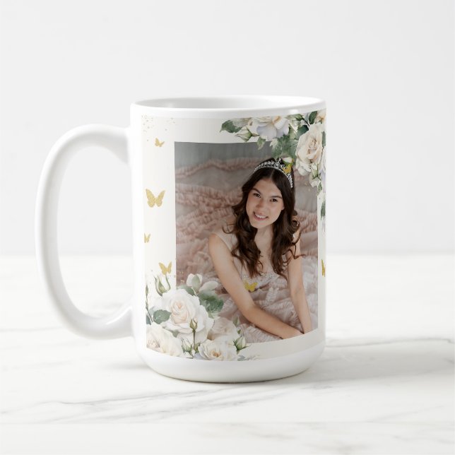 Quinceañera Ivory White Floral Dress Princess Gold Kaffeetasse (Links)