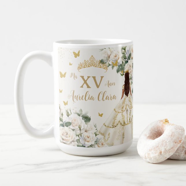 Quinceañera Ivory White Floral Dress Princess Gold Kaffeetasse (Mit Donut)