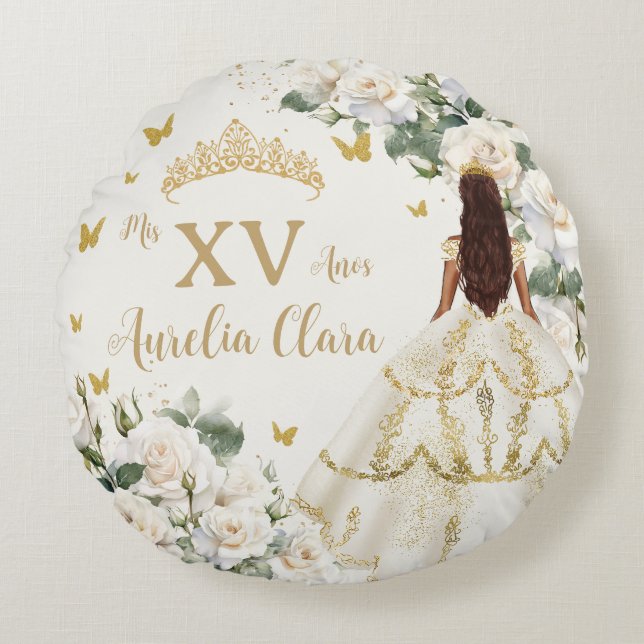 Quinceañera Ivory White Floral Dress Princess Gold Rundes Kissen (Vorderseite)