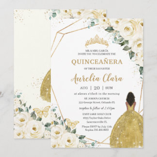 Quinceañera Ivory White Floral Gold Brown Princess Einladung