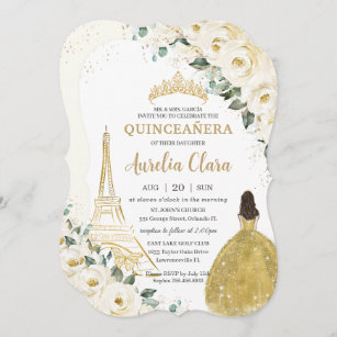 Quinceañera Ivory White Floral Paris Gold Prinzess Einladung