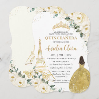 Quinceañera Ivory White Floral Paris Gold Prinzess Einladung