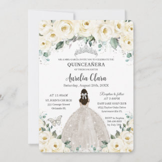 Quinceañera Ivory White Floral Silver Tiara Kleid Einladung