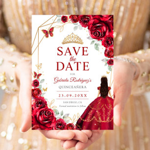 Quinceanera-Kleid rote Rosen Gold Save The Date