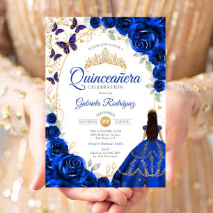 Quinceanera Königlich Blau Gold Blumen Einladung