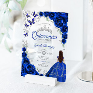 Quinceanera Königlich Blau Silber Blumen Acryleinladungen