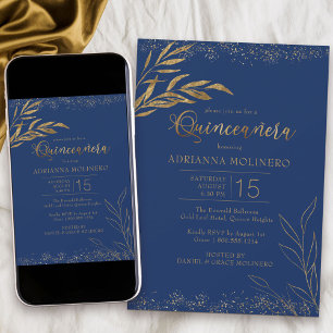 Quinceanera Königlich Blau und Goldblatt Elegant Einladung