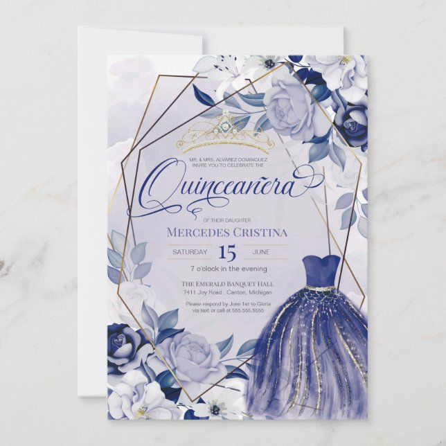 Quinceañera königliche Marine Blau elegante extrav Einladung (Vorderseite)