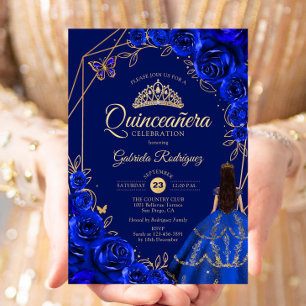 Quinceanera königsblau-goldenes Kleid floral Einladung