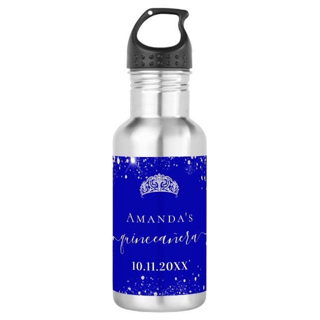 Quinceanera Königsblauer Glitzer Tiara Name Edelstahlflasche (Vorderseite)