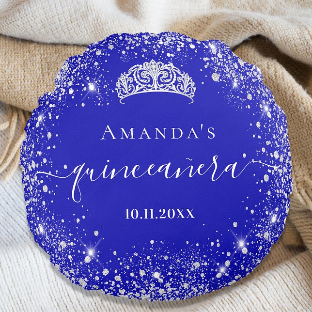 Quinceanera Königsblauer Glitzer Tiara Name Rundes Kissen (Von Creator hochgeladen)